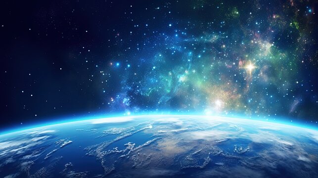 Abstract Beautiful Stunning Background Wallpaper Template Earth Bird Eye View from Outer Space Nebula Sparkling Stars Stardust Galaxy Universe Milky Way Panorama Night Sky Fantasy Colorful Tone 16:9