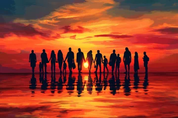 Gordijnen A crowd holding hands at sunset. © imlane