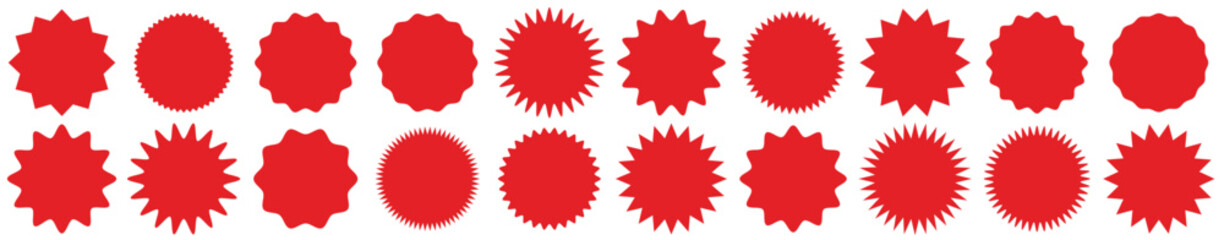 Red shopping labels collection. Sale or discount sticker. Special offer price tag. Supermarket promotional badge. Vector sunburst icon.
