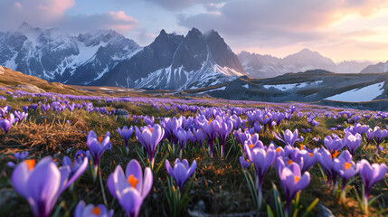 High beautiful mountains with purple crocuses at the foot of the mountain
