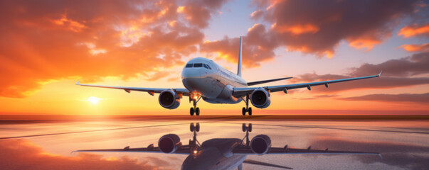 Passenger plane. Plane is going up. Nice weather sunset in the background - obrazy, fototapety, plakaty