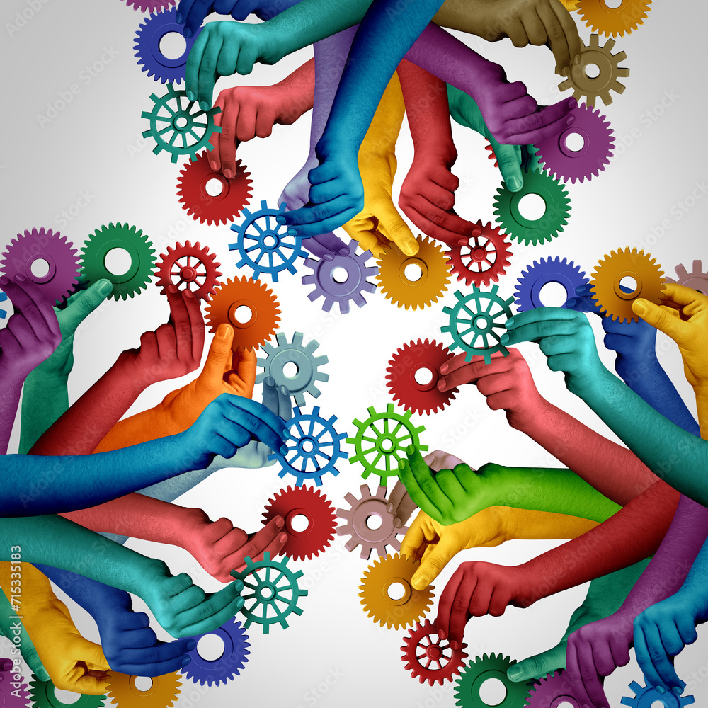 Fototapete Teams Collaborating together and team collaboration concept or connecting unity teamwork idea as a business metaphor for groups joining a partnership as diverse people connected as employee cooperatio