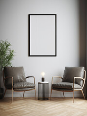 Blank poster mockup with black frame on the wall in living room interior, modern room, modern furniture, minimal living room, wall decor,.
