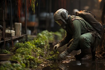 Man wearing gas mask and gloves working in a garden