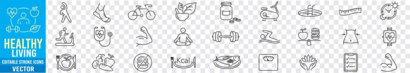 Healthy Lifestyle wellness relaxation health exercise yoga spa diet wellbeing editable line icons  collection. - obrazy, fototapety, plakaty