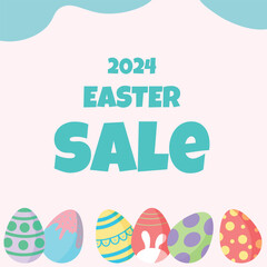 Easter sale 2024 year with eggs on pink background. Flat vector illustration for happy easter card, poster, bunner. Cute design for  holiday covers.