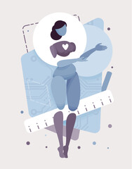 Embodied AI speaking pose, chatbot abstract female figure, computer data, electronic components virtual assistant, artificial intelligence body, minimalistic vector illustration, circuit board design