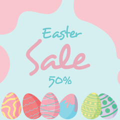 Happy easter sale banner 50% with eggs. Holiday cover, minimalist style art. Easter Sunday flat design poster. Perfect for a card or postcard.