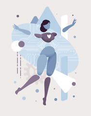 Embodied AI happy enjoying, chatbot abstract female figure, computer data, electronic components virtual assistant, artificial intelligence body, minimalistic vector illustration, circuit board design