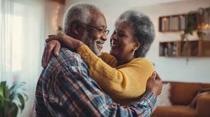 African American senior couple dancing to music together in living room. - Powered by Adobe