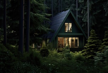 A dwelling nestled in the heart of a vibrant and lush green forest.