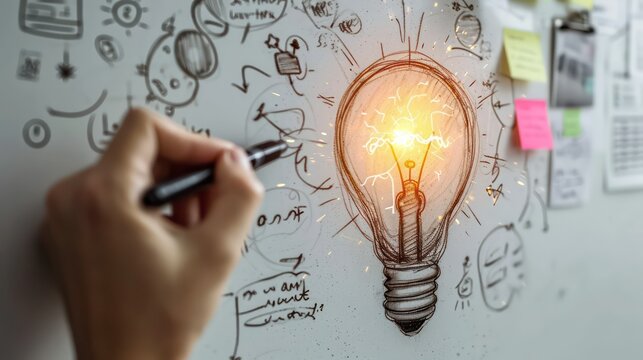 a hand gracefully sketches a light bulb on a whiteboard, capturing the spark of a brilliant market strategy
