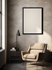 Mockup poster in modern living room with lamp and sofa chair, modern furniture, minimal living room, wall decor,.