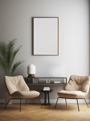 Empty poster frame in cozy interior, wall art mockup, modern furniture, minimal living room, wall decor,.