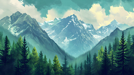 Beautiful spring green mountains with pine trees and fog