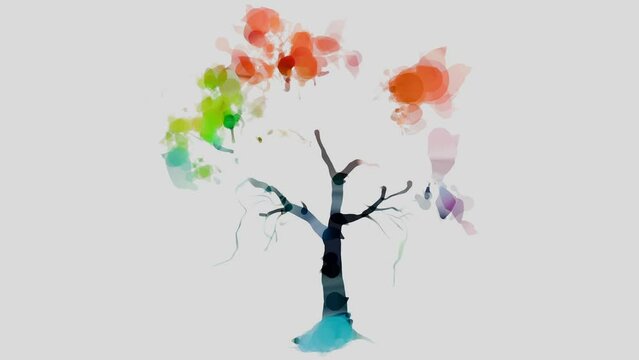 Multicolored Tree. Watercolor painting of a multicolor stylized tree. Timelapse - Animation of the drawing process, on a light background.