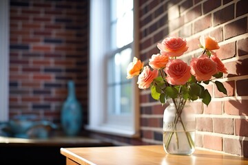 warm, natural light on brick wall with blooming roses at cape cod home