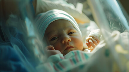 Newborn cute baby lying in crib in hospital after birth - obrazy, fototapety, plakaty