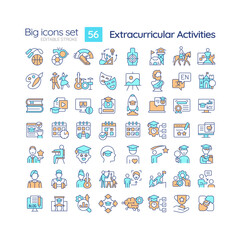 2D editable multicolor big simple icons set representing extracurricular activities, isolated vector, linear illustration.