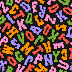 Colorful funky abstract seamless pattern with playful groovy letters on a black background. Retro trendy illustration 