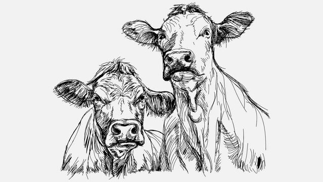 A hand-drawn sketch of two cows looking at the viewer with thoughtful eyes. Drawing with a black pen on a white background. Time lapse