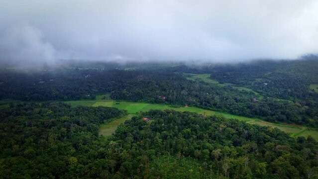 Drone shot of the landscpae of Kodagu in Karnataka formally known as coorg. Kodagu is a hill station and the largest Coffee and Pepper producing district in India. 