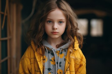 Portrait of a cute little girl in a yellow raincoat.