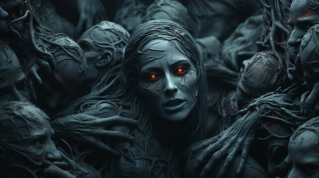 Scary gray and emotionless faces with red eyes, pain and fear