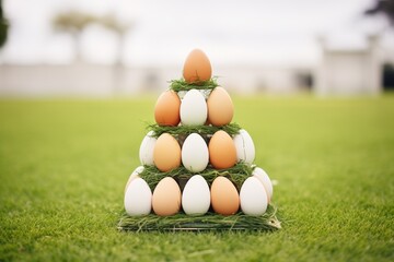 eggs stacked into a pyramid on a green lawn