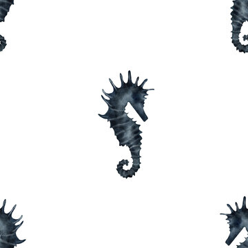 Watercolor seahorse pattern on a white background. Hand drawn illustration of a seahorse in blue colors. Drawing of wild animals of the ocean. Underwater life for printing on textiles and packaging