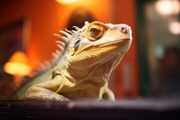Fototapeta premium vivid iguana basking under a heat lamp