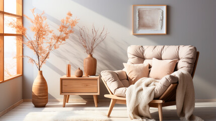Modern interior design with light Armchair with pillow. Living room interior mockup in warm colors.