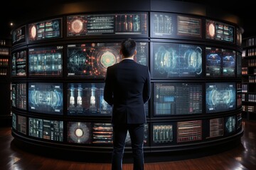Back view of young businessman looking at data in futuristic server room