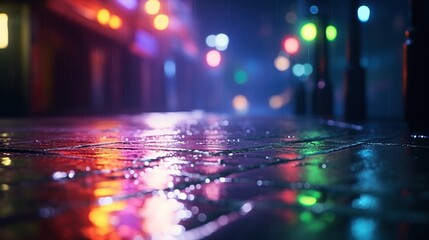 Multi-Colored Neon Lights on Dark City Street. Reflection of Neon Light in Puddles. Foggy Bokeh
