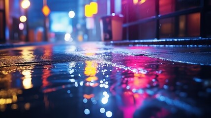 Fototapeta na wymiar Multi-Colored Neon Lights on Dark City Street. Reflection of Neon Light in Puddles. Foggy Bokeh 