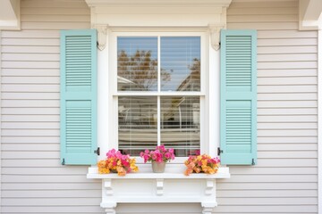 georgian style window with shutters and dentil trim above