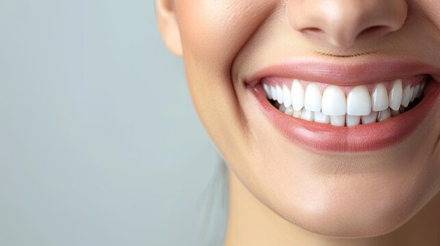 Cropped image of smiling woman with white teeth isolated on grey background. Dentis concept. Ai generative.