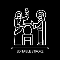 First miracle white linear icon for dark theme. Jesus Christ turns water into wine. Wedding at Cana. New testament. Isolated vector illustration. Simple filled line drawing. Editable stroke