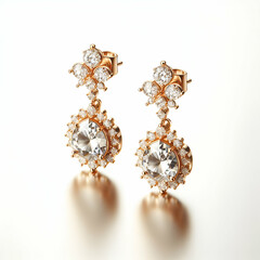 Set of golden diamond pendant earrings isolated on white background 