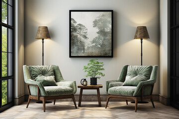 Create a serene ambiance with two chairs in calming green and charcoal grey colors, perfectly positioned against a blank wall. 