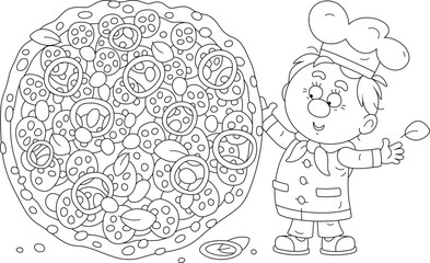 Funny young cook in a chef hat holding a big, very tasty and freshly backed pizza with cheese, sausage, olives, tomatoes and onion, black and white vector cartoon illustration for a coloring book