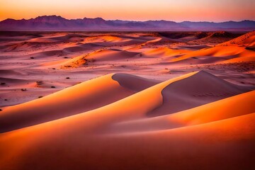 A serene desert landscape at sunset, where the horizon is ablaze with hues of orange and purple. The soft sand dunes stretch into the distance.