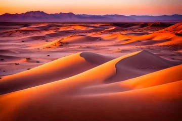 Fotobehang A serene desert landscape at sunset, where the horizon is ablaze with hues of orange and purple. The soft sand dunes stretch into the distance. © AQ Arts