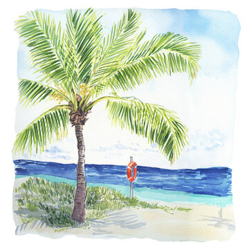 Watercolor summer landscape with coconut tree and life preserver on sand in front of ocean. 
Hand deawn tropical landscape.