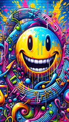 Smiley Graffiti illustration, Music and note, street art style