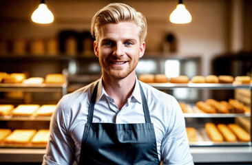 Fototapeta premium Smiling baker man standing with fresh bread at bakery. Generative AI