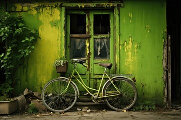 Fototapeta na wymiar A stylish green bike Stands near an old green house