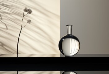 minimalistic modern background with flowers in glass vase on yellow, mockup with sunlight shadows,
