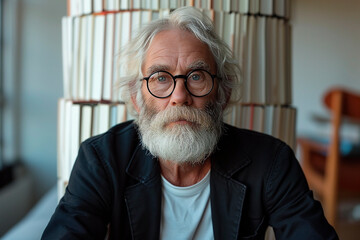 Portrait of a Caucasian writer posing in his library