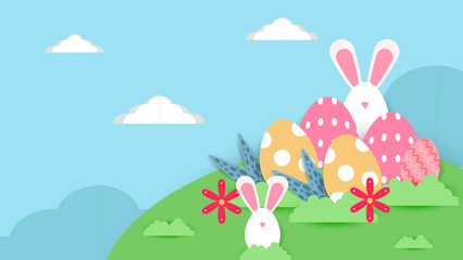Colorful colorful vector happy easter background. Greeting card, poster or background with bunny, flowers and easter egg. Egg hunt poster. Vector paper style easter background. Vector paper style east